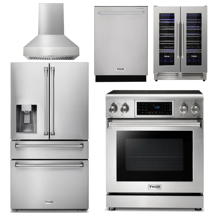 Thor Kitchen Package - 30" Electric Range, Range Hood, Refrigerator with Water and Ice Dispenser, Dishwasher, Wine Cooler, AP-TRE3001-W-8