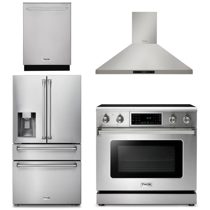 Thor Kitchen Package - 36" Electric Range, Range Hood, Refrigerator with Water and Ice Dispenser, Dishwasher,AP-TRE3601-10