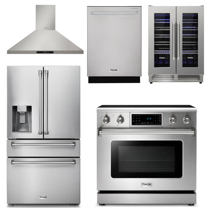 Thor Kitchen Package - 36" Electric Range, Range Hood, Refrigerator with Water and Ice Dispenser, Dishwasher, Wine Cooler, AP-TRE3601-11