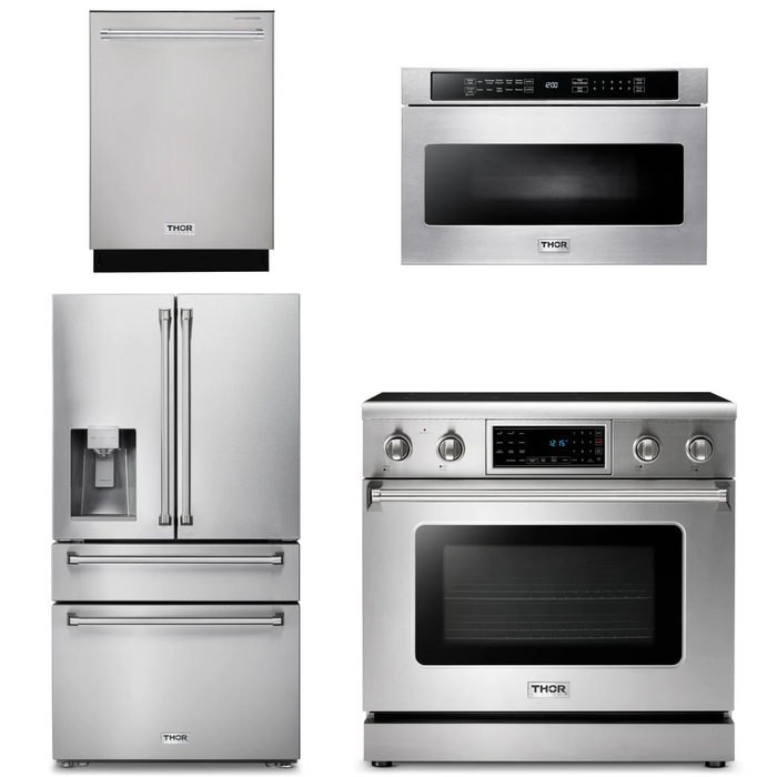 Thor Kitchen Package - 36" Electric Range, Microwave, Refrigerator with Water and Ice Dispenser, Dishwasher, AP-TRE3601-12