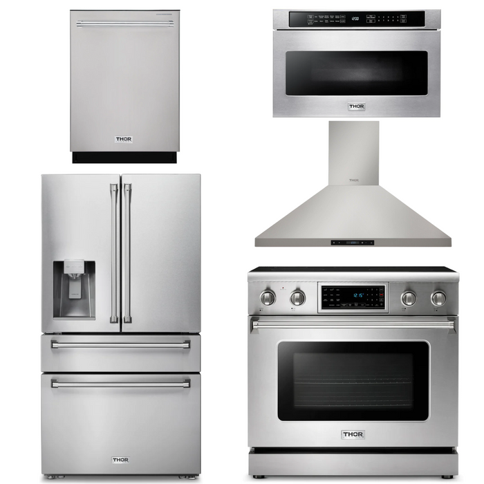 Thor Kitchen Package - 36" Electric Range, Range Hood, Microwave, Refrigerator with Water and Ice Dispenser, Dishwasher, AP-TRE3601-13