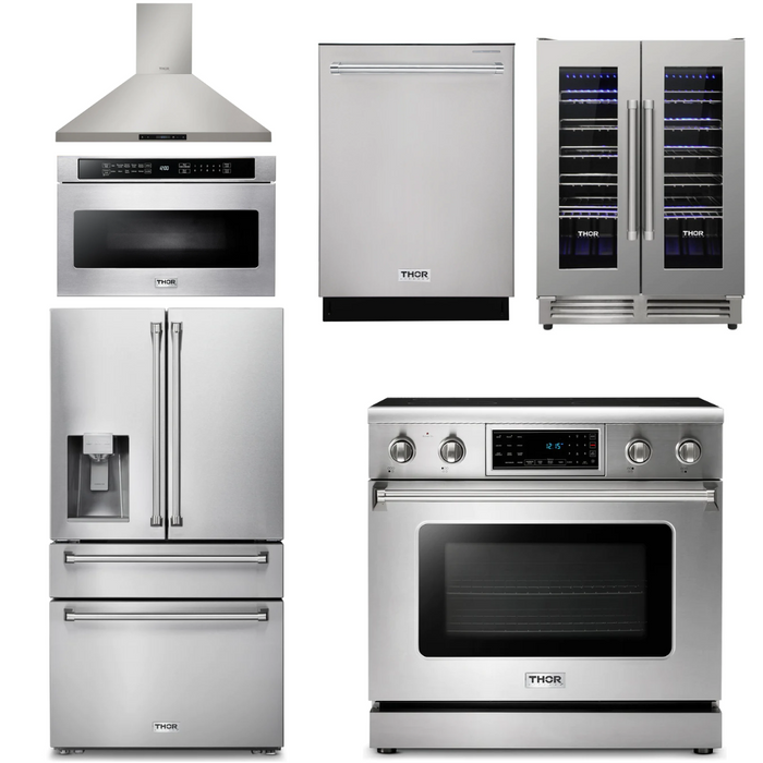 Thor Kitchen Package - 36" Electric Range, Range Hood, Microwave, Refrigerator with Water and Ice Dispenser, Dishwasher, Wine Cooler, AP-TRE3601-14