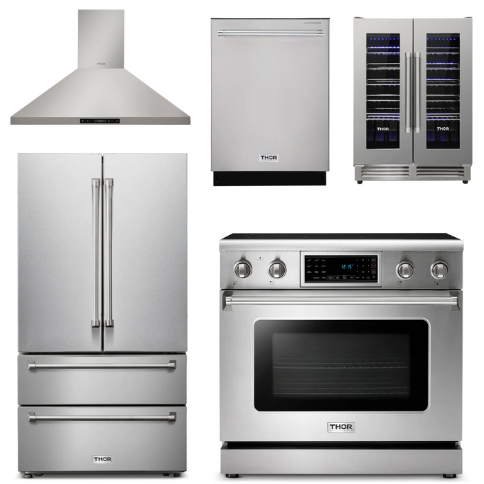 Thor Kitchen Package - 36" Electric Range, Range Hood, Refrigerator, Dishwasher, Wine Cooler, AP-TRE3601-4