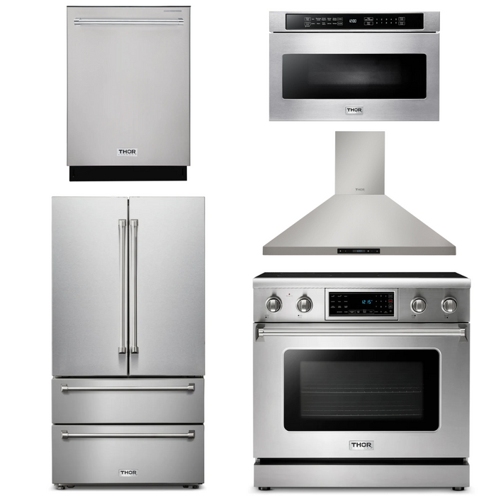 Thor Kitchen Package - 36" Electric Range, Range Hood, Microwave, Refrigerator, Dishwasher, AP-TRE3601-7