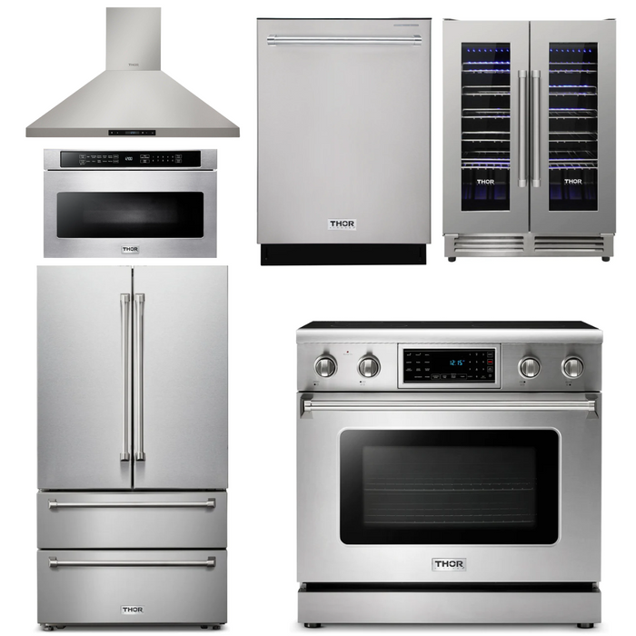 Thor Kitchen Package - 36" Electric Range, Range Hood, Microwave, Refrigerator, Dishwasher, Wine Cooler, AP-TRE3601-8