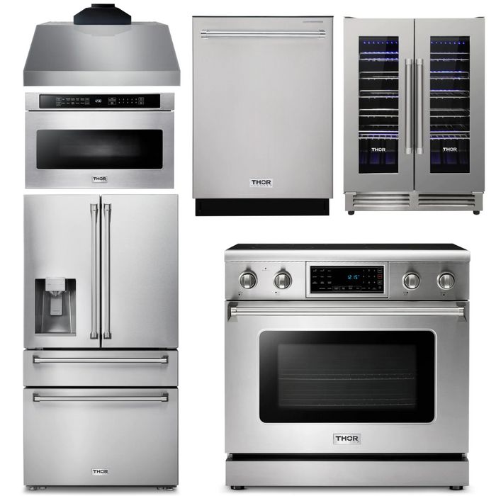 Thor Kitchen Package - 36" Electric Range, Range Hood, Microwave, Refrigerator with Water and Ice Dispenser, Dishwasher, Wine Cooler