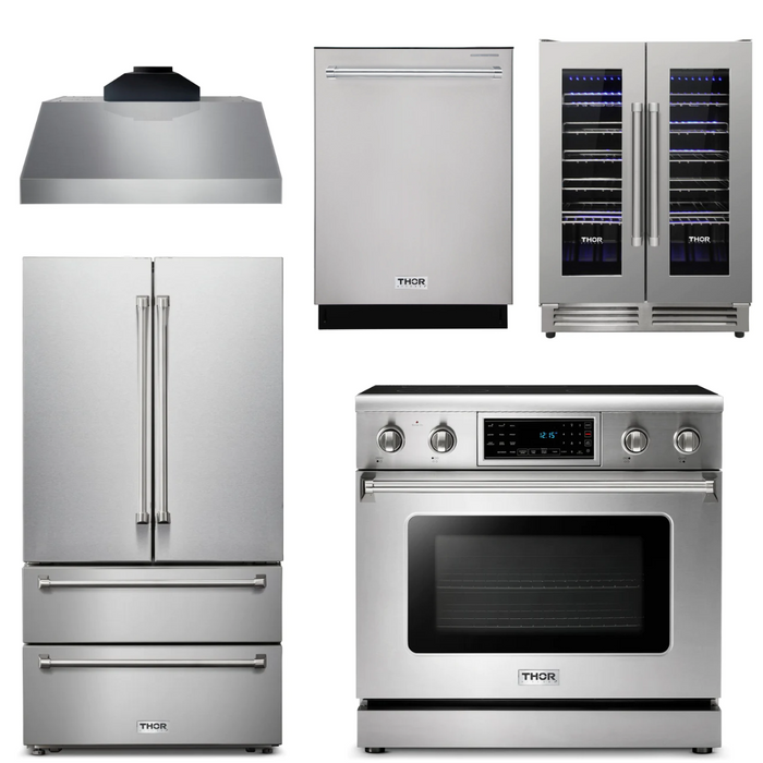 Thor Kitchen Package - 36" Electric Range, Range Hood, Refrigerator, Dishwasher, Wine Cooler, AP-TRE3601-C-3