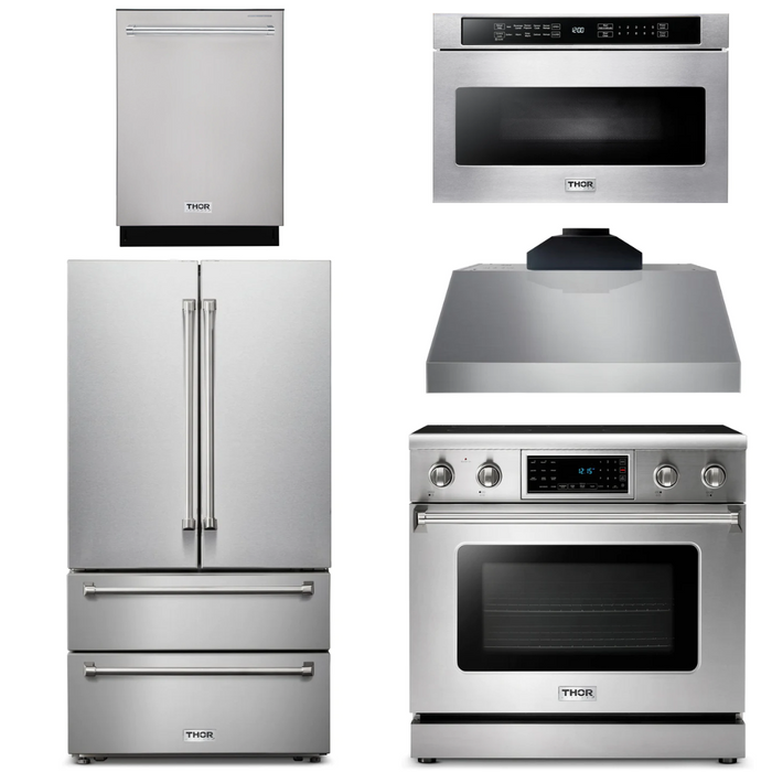 Thor Kitchen Package - 36" Electric Range, Range Hood, Microwave, Refrigerator, Dishwasher, AP-TRE3601-C-5