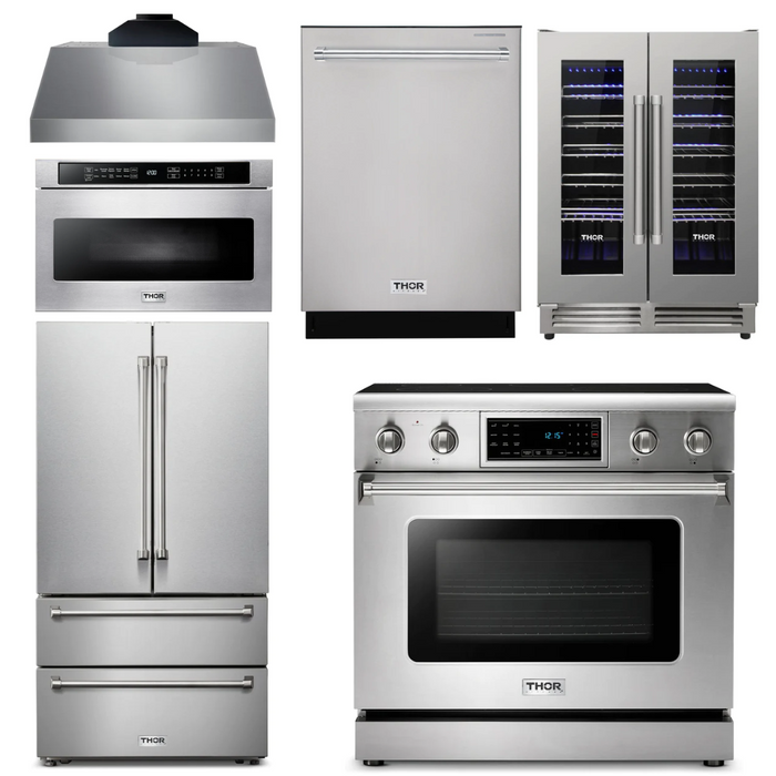 Thor Kitchen Package - 36" Electric Range, Range Hood, Microwave, Refrigerator, Dishwasher, Wine Cooler, AP-TRE3601-C-6