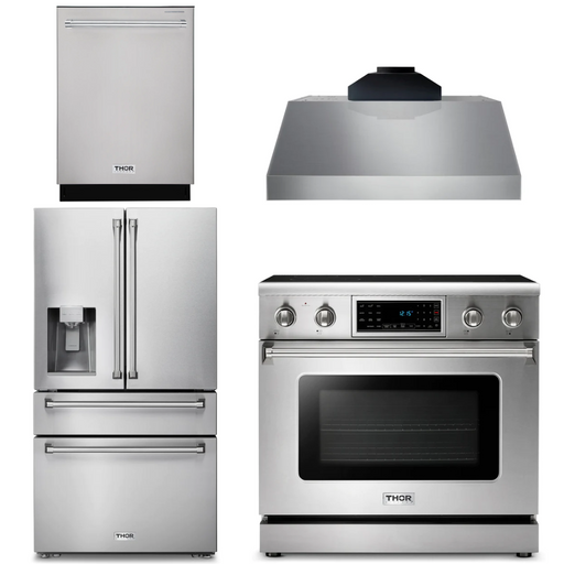THOR Kitchen Package - 36" Electric Range, Range Hood, Refrigerator with Water and Ice Dispenser, Dishwasher, AP-TRE3601-C-7