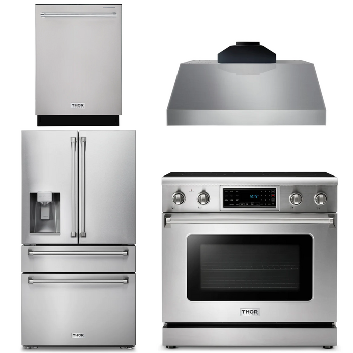 Thor Kitchen Package - 36" Electric Range, Range Hood, Refrigerator with Water and Ice Dispenser, Dishwasher, AP-TRE3601-C-7