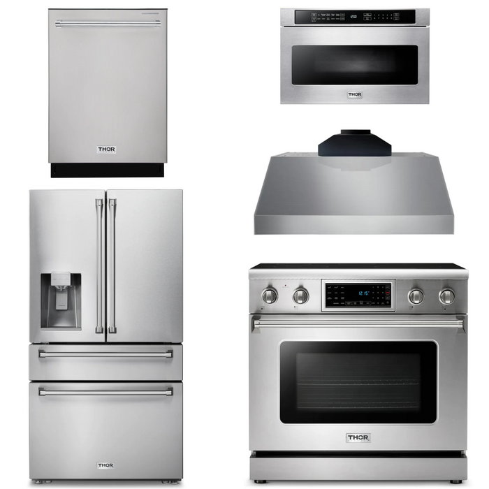 Thor Kitchen Package - 36" Electric Range, Range Hood, Microwave, Refrigerator with Water and Ice Dispenser, Dishwasher