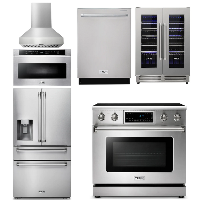 Thor Kitchen Package - 36" Electric Range, Range Hood, Microwave, Refrigerator with Water and Ice Dispenser, Dishwasher, Wine Cooler, AP-TRE3601-W-10