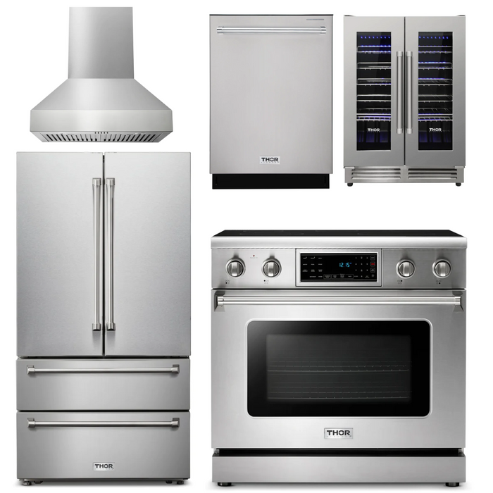 Thor Kitchen Package - 36" Electric Range, Range Hood, Refrigerator, Dishwasher, Wine Cooler, AP-TRE3601-W-3