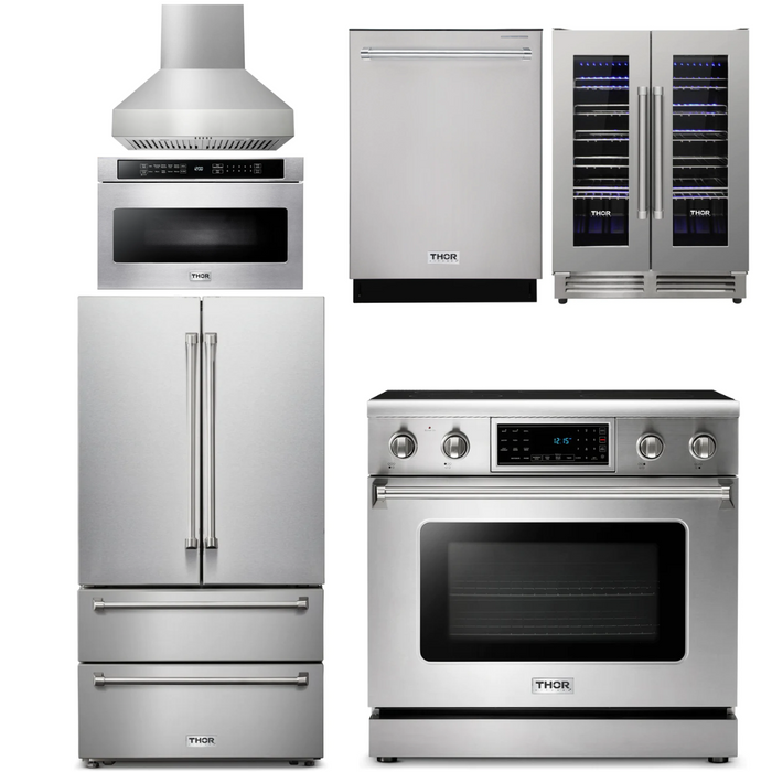 Thor Kitchen Package - 36" Electric Range, Range Hood, Microwave, Refrigerator, Dishwasher, Wine Cooler, AP-TRE3601-W-6