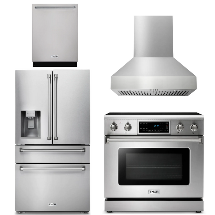 Thor Kitchen Package - 36" Electric Range, Range Hood, Refrigerator with Water and Ice Dispenser, Dishwasher, AP-TRE3601-W-7