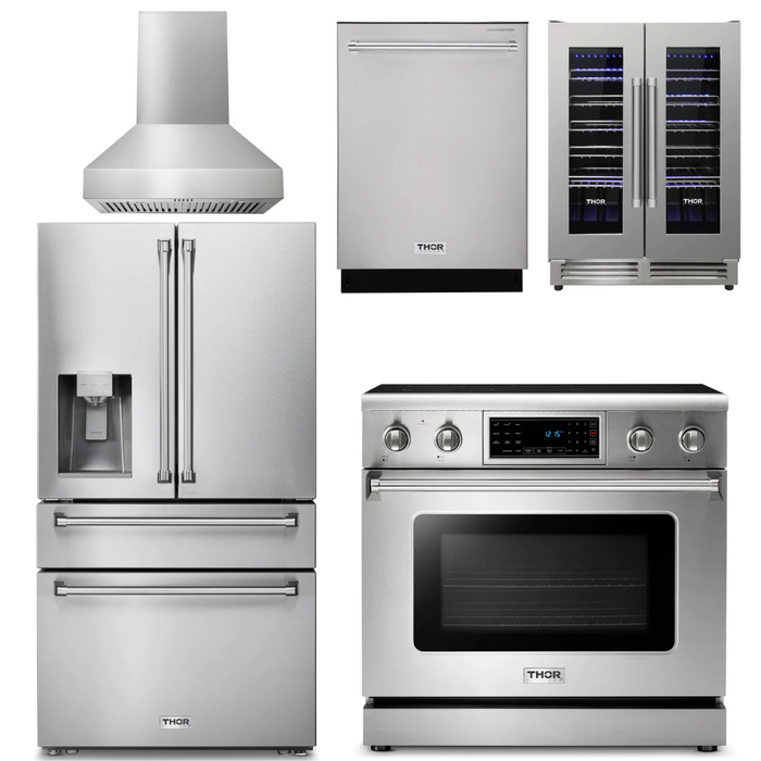 Thor Kitchen Package - 36" Electric Range, Range Hood, Refrigerator with Water and Ice Dispenser, Dishwasher, Wine Cooler, AP-TRE3601-W-8