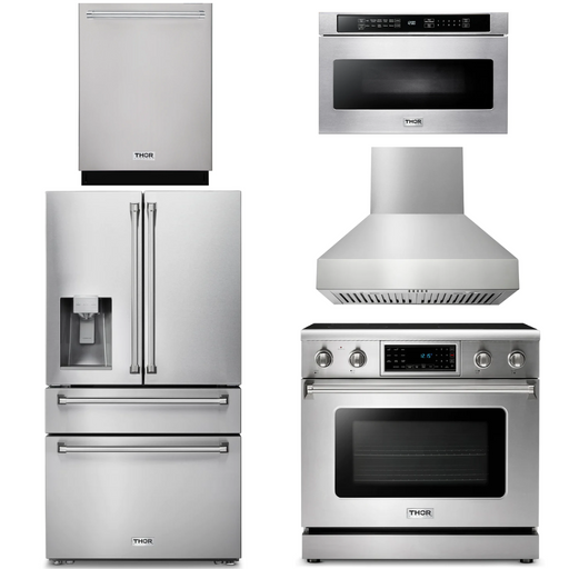 THOR Kitchen Package - 36" Electric Range, Range Hood, Microwave, Refrigerator with Water and Ice Dispenser, Dishwasher, AP-TRE3601-W-9
