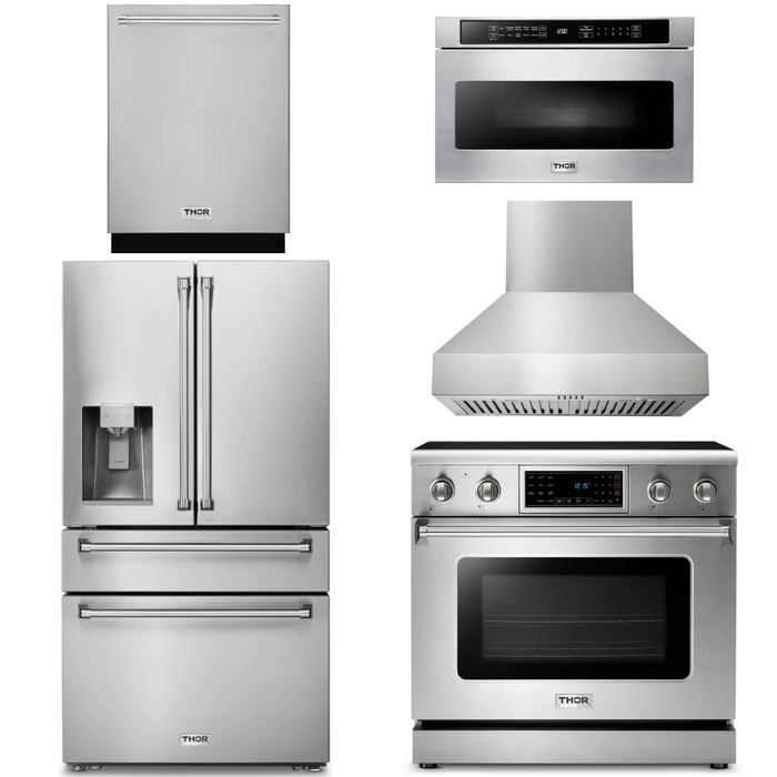 Thor Kitchen Package - 36" Electric Range, Range Hood, Microwave, Refrigerator with Water and Ice Dispenser, Dishwasher, AP-TRE3601-W-9