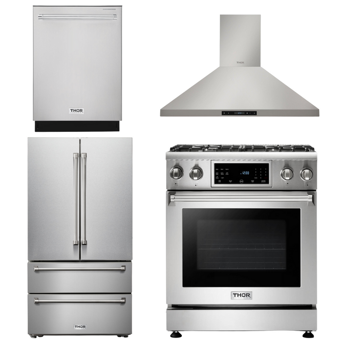 Thor Kitchen Package - 30" Gas Range, Range Hood, Refrigerator, Dishwasher, AP-TRG3001-3