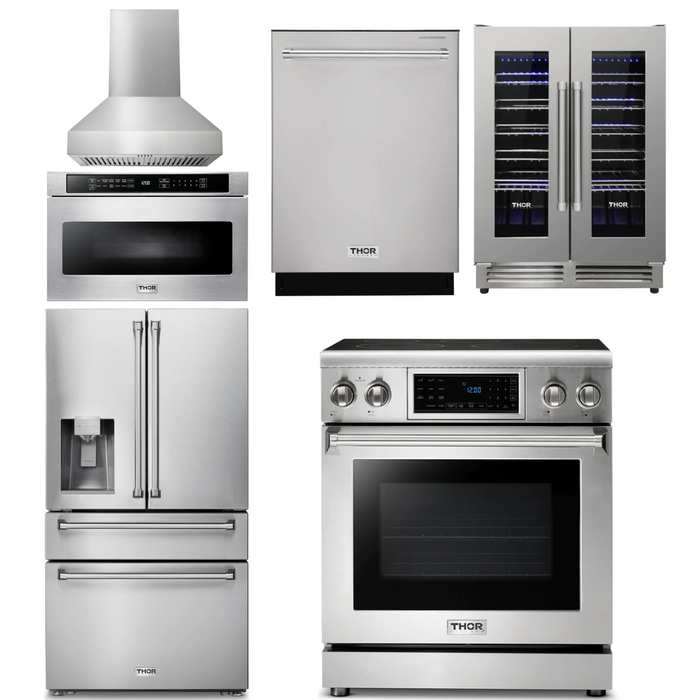 Thor Kitchen Package - 30" Electric Range, Range Hood, Microwave, Refrigerator with Water and Ice Dispenser, Dishwasher, Wine Cooler, AP-TRE3001-W-10