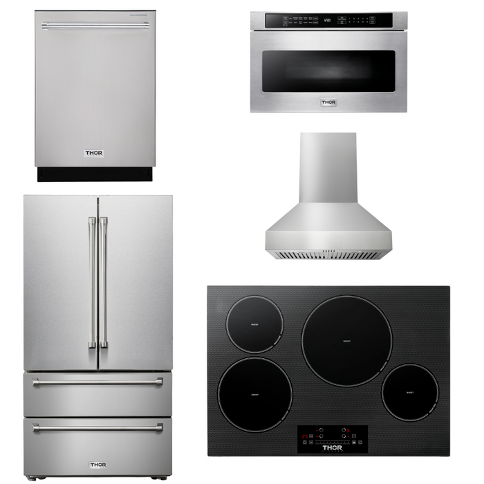 Thor Kitchen Package - 30" Induction Cooktop, Range Hood, Microwave, Refrigerator, Dishwasher, AP-TIH30-W-5