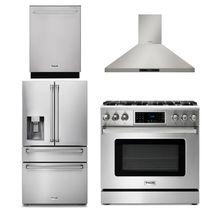 Thor Kitchen Package - 36" Gas Range, Range Hood, Refrigerator with Water and Ice Dispenser, Dishwasher, AP-TRG3601-10