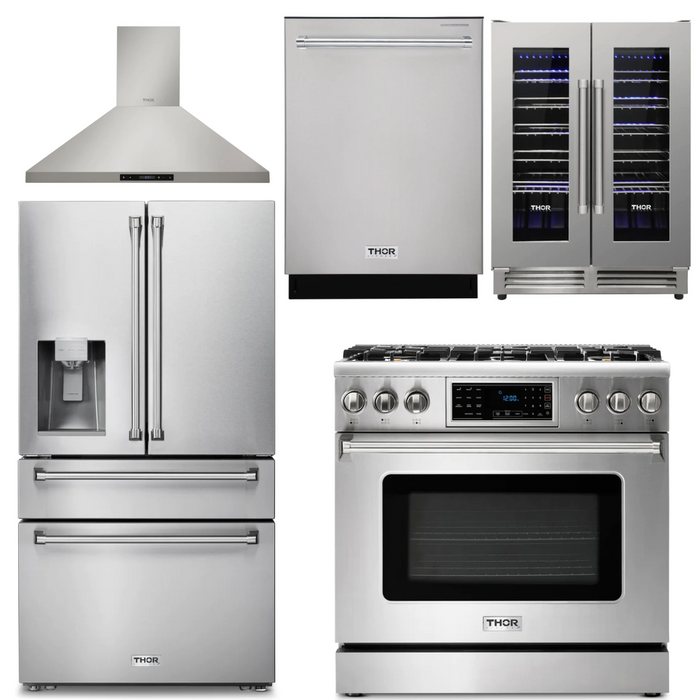 Thor Kitchen Package - 36" Gas Range, Range Hood, Refrigerator with Water and Ice Dispenser, Dishwasher, Wine Cooler, AP-TRG3601-11