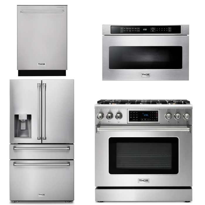 Thor Kitchen Package - 36" Gas Range, Microwave, Refrigerator with Water and Ice Dispenser, Dishwasher, AP-TRG3601-12