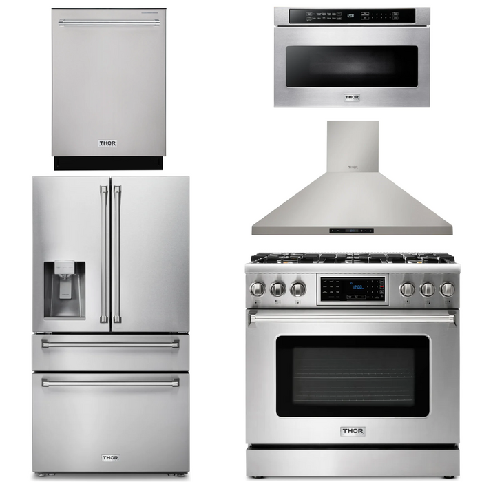 Thor Kitchen Package - 36" Gas Range, Range Hood, Microwave, Refrigerator with Water and Ice Dispenser, Dishwasher, AP-TRG3601-13