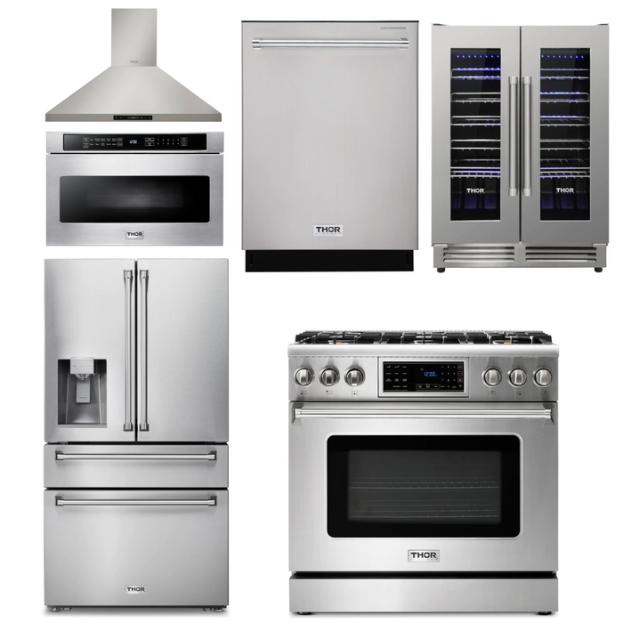 Thor Kitchen Package - 36" Gas Range, Range Hood, Microwave, Refrigerator with Water and Ice Dispenser, Dishwasher, Wine Cooler, AP-TRG3601-14