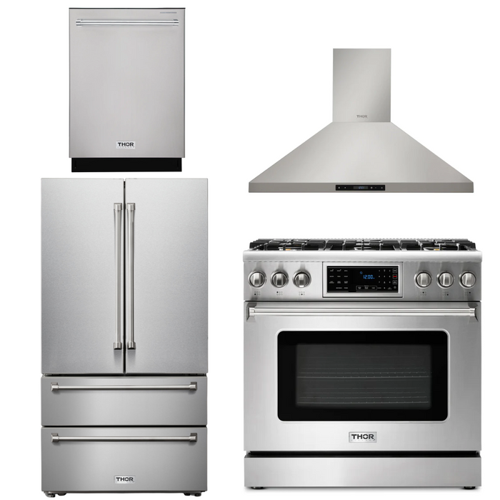 Thor Kitchen Package - 36" Gas Range, Range Hood, Refrigerator, Dishwasher, AP-TRG3601-3