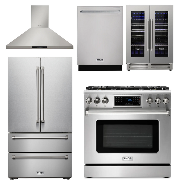 Thor Kitchen Package - 36" Gas Range, Range Hood, Refrigerator, Dishwasher, Wine Cooler, AP-TRG3601-4