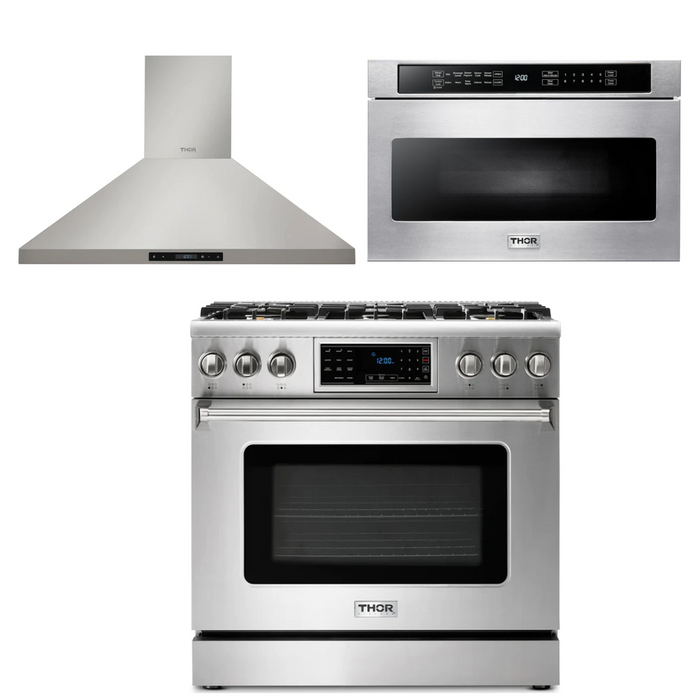 Thor Kitchen Package - 36" Gas Range, Range Hood, Microwave, AP-TRG3601-5