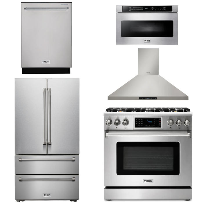 Thor Kitchen Package - 36" Gas Range, Range Hood, Microwave, Refrigerator, Dishwasher, AP-TRG3601-7