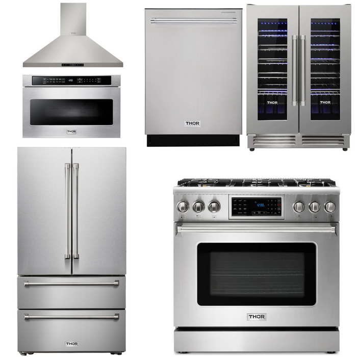 Thor Kitchen Package - 36" Gas Range, Range Hood, Microwave, Refrigerator, Dishwasher, Wine Cooler, AP-TRG3601-8