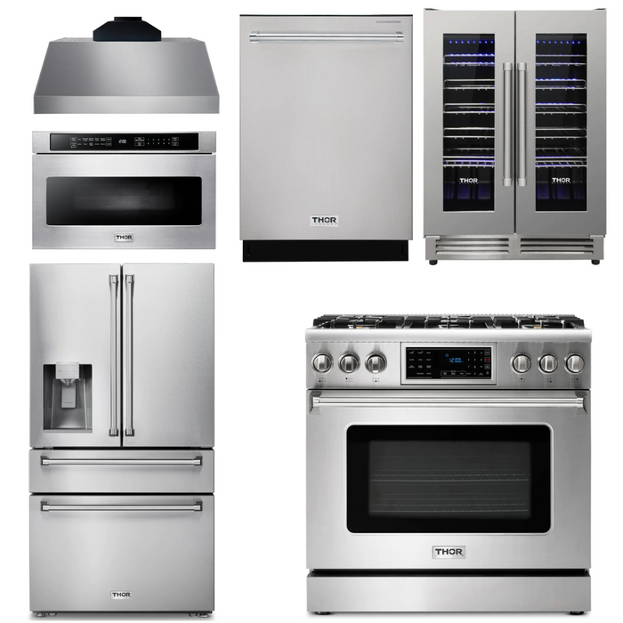 Thor Kitchen Package - 36" Gas Range, Range Hood, Microwave, Refrigerator, Dishwasher, Wine Cooler