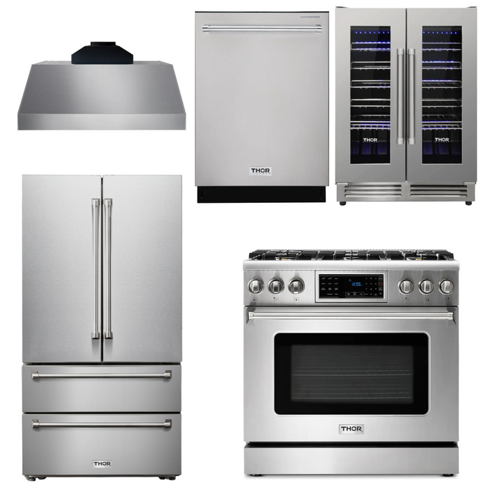 Thor Kitchen Package - 36" Gas Range, Range Hood, Refrigerator, Dishwasher, Wine Cooler, AP-TRG3601-C-3