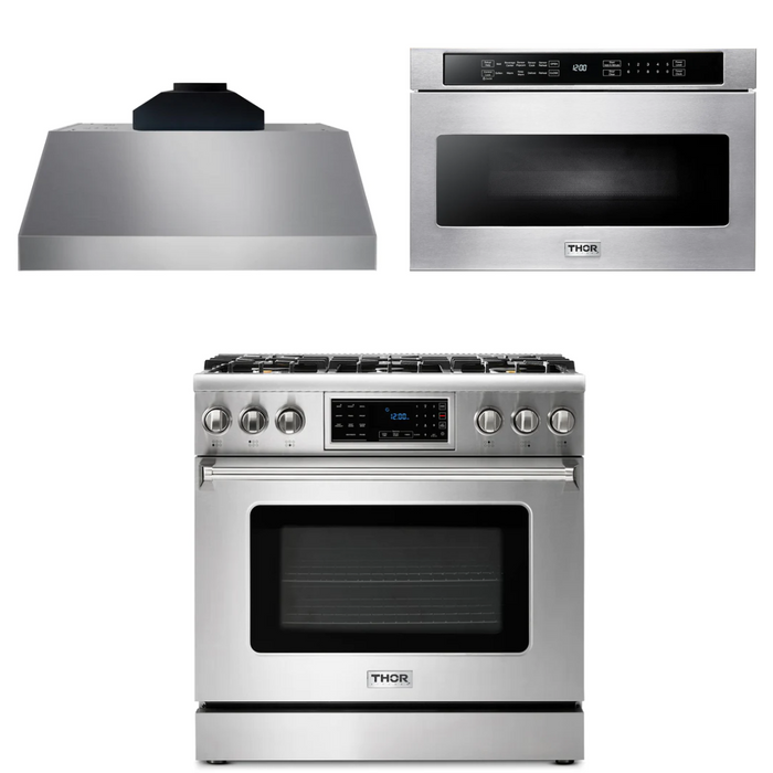 Thor Kitchen Package - 36" Gas Range, Range Hood, Microwave, AP-TRG3601-C-4