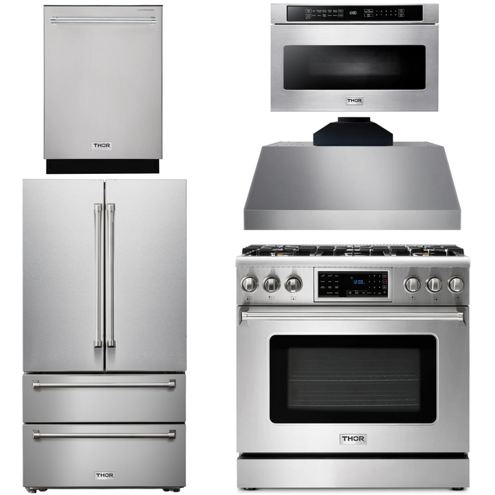 Thor Kitchen Package - 36" Gas Range, Range Hood, Microwave, Refrigerator, Dishwasher, AP-TRG3601-C-5