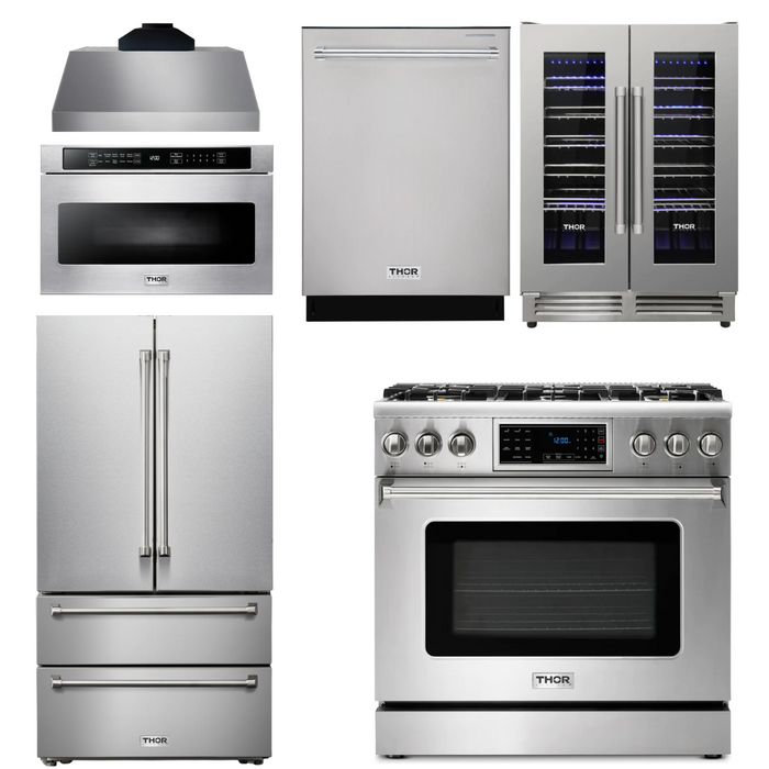 Thor Kitchen Package - 36" Gas Range, Range Hood, Microwave, Refrigerator, Dishwasher, Wine Cooler, AP-TRG3601-C-6