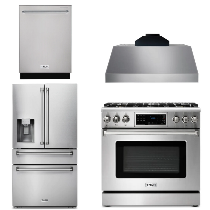 Thor Kitchen Package - 36" Gas Range, Range Hood, Refrigerator with Water and Ice Dispenser, Dishwasher,AP-TRG3601-C-7