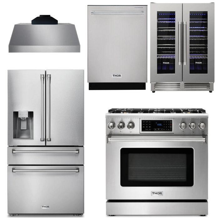 Thor Kitchen Package - 36" Gas Range, Range Hood, Refrigerator with Water and Ice Dispenser, Dishwasher, Wine Cooler, AP-TRG3601-C-8