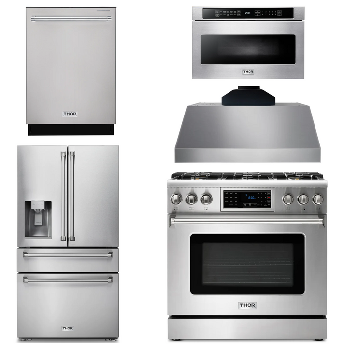 Thor Kitchen Package - 36" Gas Range, Range Hood, Microwave, Refrigerator with Water and Ice Dispenser, Dishwasher, AP-TRG3601-C-9