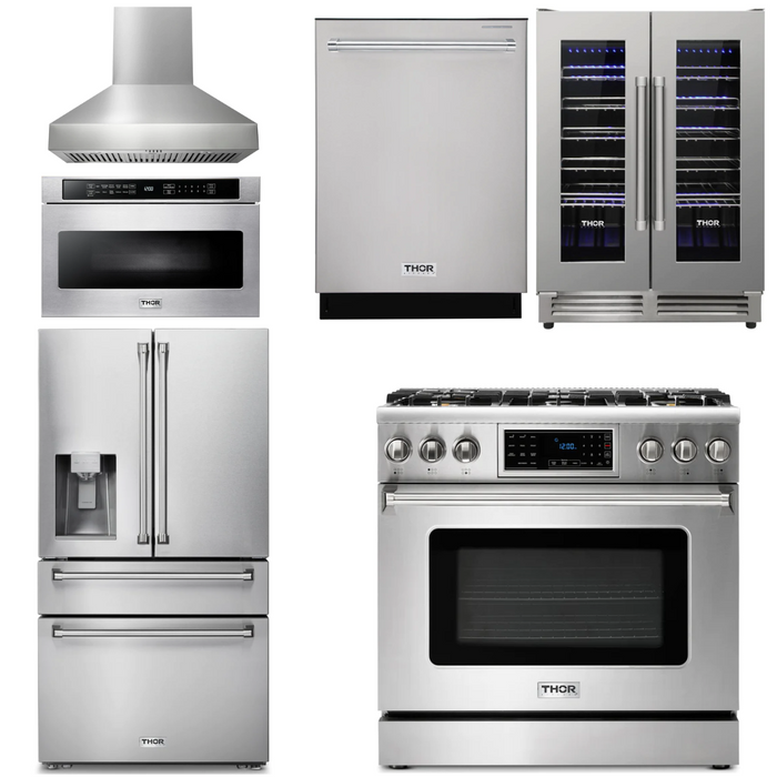 Thor Kitchen Package - 36" Gas Range, Range Hood, Microwave, Refrigerator with Water and Ice Dispenser, Dishwasher, Wine Cooler, AP-TRG3601-W-10