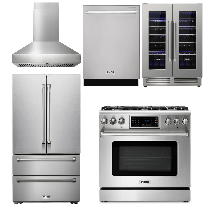 Thor Kitchen Package - 36" Gas Range, Range Hood, Refrigerator, Dishwasher, Wine Cooler, AP-TRG3601-W-3