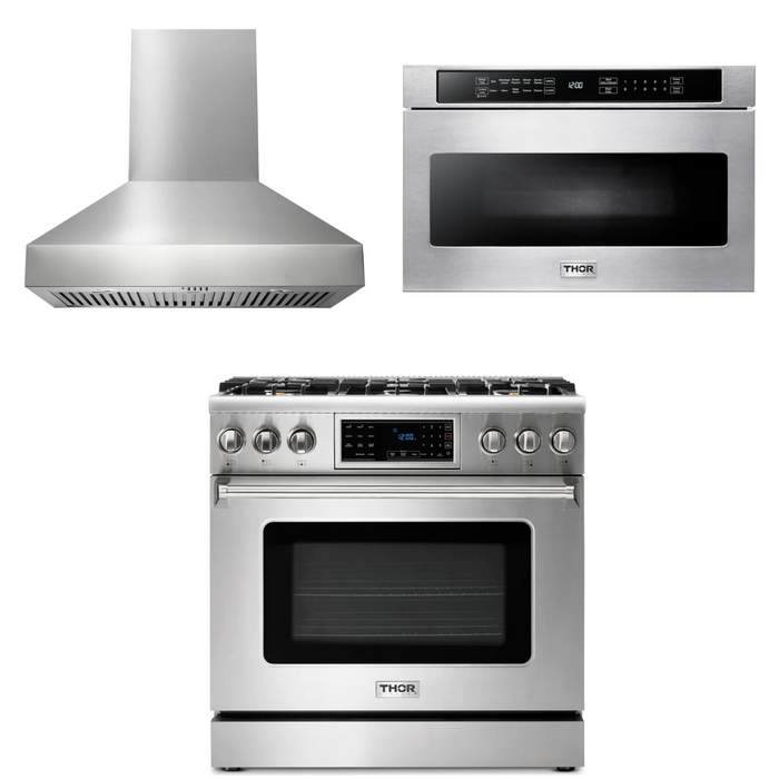 Thor Kitchen Package - 36" Gas Range, Range Hood, Microwave, AP-TRG3601-W-4