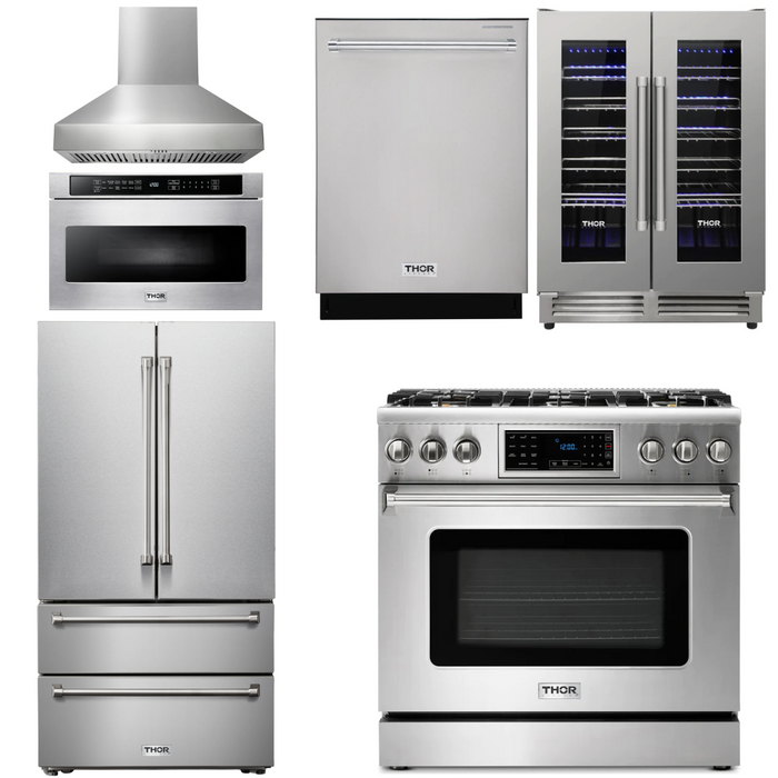 Thor Kitchen Package - 36" Gas Range, Range Hood, Microwave, Refrigerator, Dishwasher, Wine Cooler, AP-TRG3601-W-6