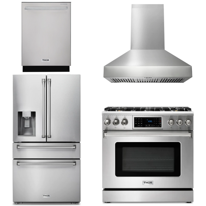 Thor Kitchen Package - 36" Gas Range, Range Hood, Refrigerator with Water and Ice Dispenser, Dishwasher, AP-TRG3601-W-7