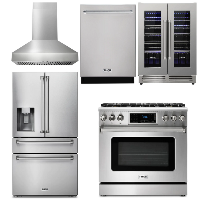 Thor Kitchen Package - 36" Gas Range, Range Hood, Refrigerator with Water and Ice Dispenser, Dishwasher, Wine Cooler, AP-TRG3601-W-8